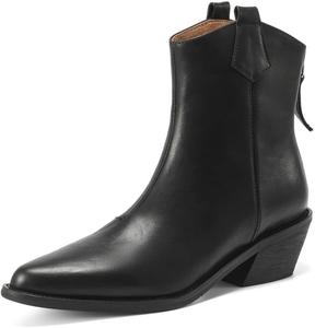 Женские сапоги TinaCus ручной работы из натуральной кожи с задней молнией, заостренным носком, низким устойчивым каблуком и высокой голенью в западном стиле, Black