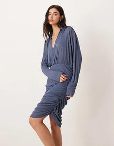 Мини-платье ASOS DESIGN с воротником, рюшами и запахом, джинсово-синего цвета