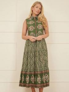 Платье-рубашка без рукавов с листовым принтом Yumi, Green/Multi