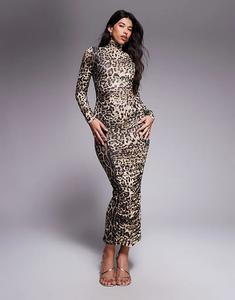 Платье макси Ruched & Ready Too Good с высоким воротом, облегающее, с сеткой, с леопардовым принтом