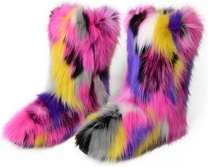 ZOSCGJMY женские сапоги из искусственного меха, пушистые, с округлым носком, замшевые, зимние снежные сапоги, на плоской подошве, Mehrfarbig 6