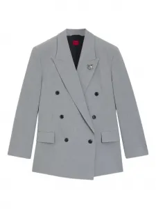 Двубортный блейзер с цветочной брошью Hugo, серый