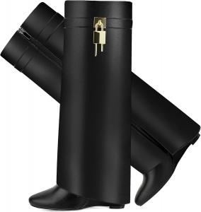 Сапоги с отворотом для женщин, острый носок, на танкетке, до колена, с боковой молнией и декоративным замком CDHYX, Black