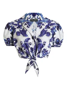 Топ с рукавами-буфами и принтом майолика DOLCE & GABBANA, синий