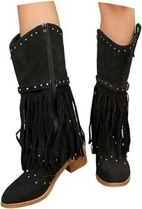 Женские ковбойские ботинки с бахромой из замши с заклепками, молнией и устойчивым каблуком, западные ботильоны с кисточками Kldyj, Black