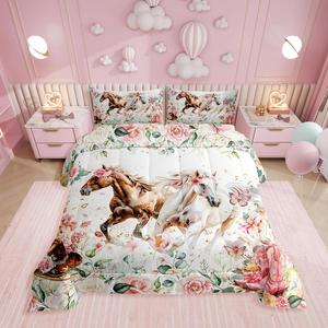 Erosebridal Комплект постельного белья Western Horse с розовыми ковбойскими сапогами и шляпой, деревенский цветочный стеганый набор в стиле ретро ранчо, Pink Green Brown