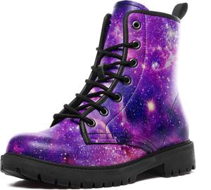 Женские модные боевые ботинки, мужские ботинки с узором звездного неба, модные водонепроницаемые ботильоны на шнуровке с солнцем, луной и звездами AWSOLE, Black/Purple/Lt Purple