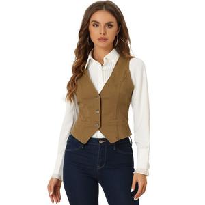 Женская повседневная джинсовая жилетка без рукавов с V-образным вырезом на пуговицах ALLEGRA K, коричневый