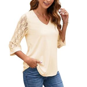 Женская блузка с рукавом 3/4 и кружевным пэчворком, элегантная однотонная повседневная модель для весны и лета Seoria, Light Yellow