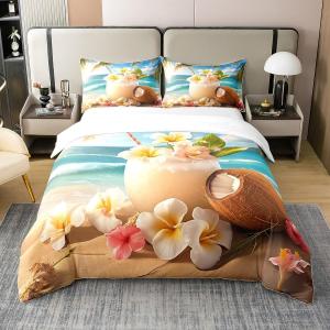 Erosebridal Тропический комплект постельного белья с цветочным принтом из кокосовых пальм в гавайском стиле, Yellow Brown Blue