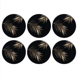 Стеклянные подставки под стаканы, набор из 6 штук, круглые, листья - растения - золотистые - черные - роскошные, 10x10 см MuchoWow, черный