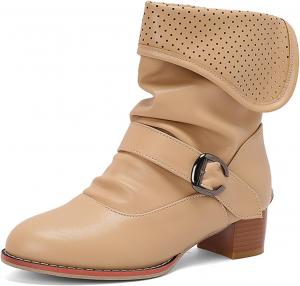 Женские ботильоны с искусственной кожей на массивном каблуке, с отворотом, модные, с круглым носком, ремешками с пряжками, низким каблуком и задней молнией EGGDK, Apricot