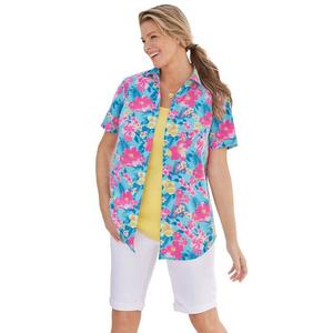 Женщина в идеальной женской рубашке с коротким рукавом больших размеров Woman Within, цвет Azure Watercolor