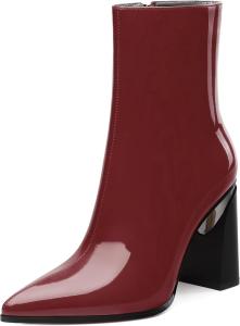Женские ботильоны, 3,5 дюйма с заостренным носком, лакированные ботильоны на высоком каблуке, короткие ботинки с массивным каблуком и боковой молнией Heisnemca, Burgundy Patent