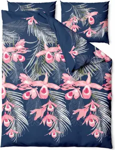 Постельное белье, хлопковый сатин, высшего качества 160х200 Орхидеи Темно-синие, розовые цветы Zaratex