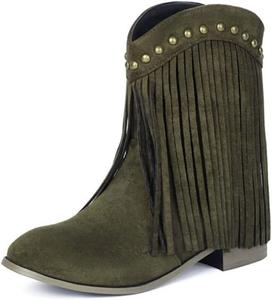 Женские ковбойские ботинки с бахромой, круглым носком, на босу ногу, для вечеринок и повседневной носки, западные ботильоны BLXQPYT, Green