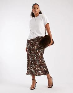 Юбка миди из атласа с леопардовым принтом New Look Curve коричневого цвета