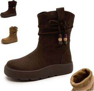 Женские ботильоны на платформе с массивным каблуком, без застежек, с круглым носком, толстой подошвой, из искусственной замши с подвеской-бантом, для зимы и осени, повседневные Generic, Brown-No-Plush Lined