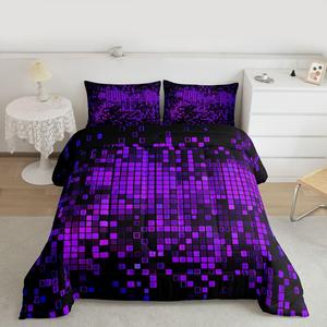 Erosebridal Комплект постельного белья Purple Black Pixelated с абстрактным геометрическим узором в стиле видеоигр, Purple and Black