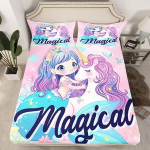 Erosebridal Комплект постельного белья Kawaii с принтом русалок и единорогов в розовых тонах, Multi 22