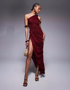 ASOS DESIGN Высокое асимметричное фактурное платье миди с оборками и витыми бретелями темно-вишневого цвета ASOS Tall