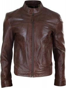 Mens Classic Casual Genuine Leather Biker Style Jacket Collarless Retro Infinity Leather, коричневый