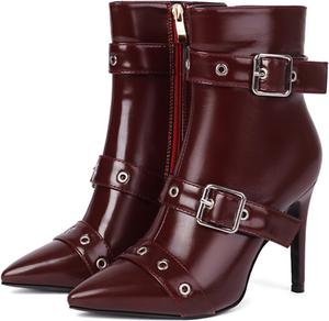 Женские ботильоны на высоком каблуке-стилетто Alyaafifa с острым закрытым носком, из матовой кожи, на щиколотке с молнией, пряжкой и декоративными заклепками, для формальных событий, вечеринок, клуба, выпускного и вечера, Wine Red