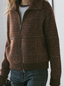 Вязаный кардиган в клетку из альпаки с войлочной текстурой Massimo Dutti, brown