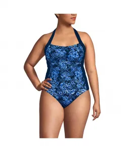 Женский топ-танкини с бретелькой через шею со швом Lands' End, синий