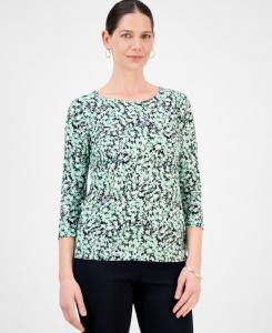 Женская жаккардовая блузка с рукавами 3/4 и круглым вырезом JM Collection, Blossom Pesto Combo