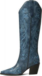 Женские ковбойские сапоги iiimmu, высокие до колена, винтажные с цветочной вышивкой, классическая модель с легким надеванием, западная обувь, Blue-Pu