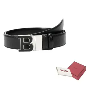 BALLY Однотонный кожаный ремень с гладкой пряжкой и буквенным логотипом черный мужской ширина 3.5 см, Black