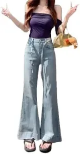 Ретро джинсы light blue stretch женские весна-лето high waist slim straight