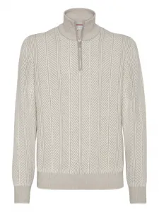 Свитер с узором «елочка» и полумолнией Brunello Cucinelli, нейтральный