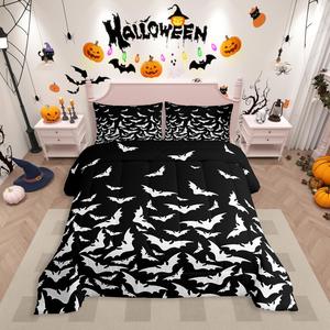 Erosebridal Комплект постельного белья Happy Halloween с готическими летучими мышами и белым жутким силуэтом в черно-белой гамме, Black White