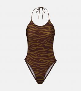 Купальник-халтер в полоску зебры The Attico, Dark Green/ Dark Green