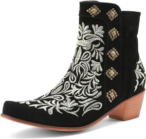 Женские вышитые ковбойские сапоги Alsoloveu в западном стиле, винтажные сапоги для девушек-ковбоев, с заостренным носком, массивным каблуком и замшевыми ботильонами, Black