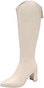 Женские высокие сапоги до колена на высоком каблуке, ковбойские сапоги с острым носком, боковой молнией, для езды на мотоцикле, с пряжкой, для вечеринок Azttoztto, Beige