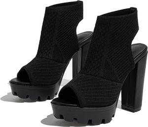Женские трикотажные сандалии на платформе с высоким каблуком, сексуальные с открытым носком, с толстой подошвой, удобные массивные каблуки, эластичные ботильоны на ремешке на щиколотке, летние ажурные для вечеринок, выпускного или под платье EGEBS, Black