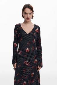 Платье в клетку и с цветочным принтом, V-образный вырез, длинные рукава, для торжественных мероприятий, свадьбы, приема гостей.