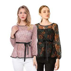 2 упаковки женских элегантных блуз с длинным рукавом и кружевным пеплумом Inspire Chic, Green Pink