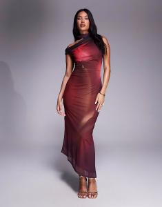 Асимметричное платье миди из сетки River Island с высоким воротом красного цвета