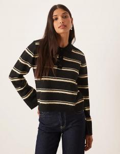 Вязаный джемпер AWARE в стиле регби-поло из пряжи ворсистого цвета в черно-кремовую полоску