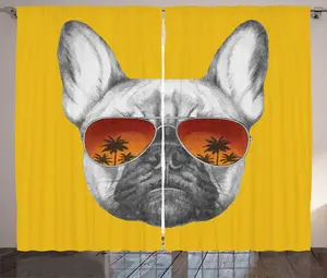 Штора ABAKUHAUS "Бульдог в деревенском стиле", забавный питомец в солнцезащитных очках, универсальная ленточная штора для гостиной с петлями и крючками, 280 x 225 см, цвет "земляной желтовато-серый" Abakuhaus