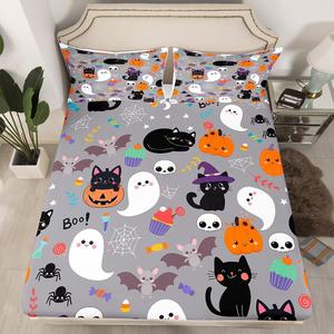 Erosebridal Комплект постельного белья Halloween Lights с принтом привидений, котиков, летучих мышей, паутины и скелетов в готическом стиле серого цвета, Multi 29