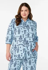 Блузка с рукавами 3/4 и застежкой на пуговицы. Zizzi, Powder Blue W Aop