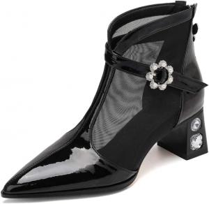 Женские ботильоны TinaCus ручной работы из кожи и сетки с острым носком, стразами на задней молнии и массивным каблуком, Black