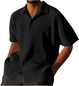 Мужская повседневная рубашка с коротким рукавом, вязаная, на пуговицах, в полоску