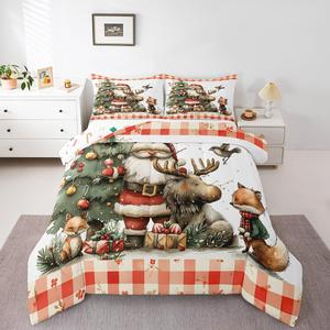 Erosebridal Детский комплект постельного белья с новогодним принтом Санта Клаус, елка, олени и лисы в красно-белую клетку Buffalo Plaid, Red White Green