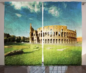 Шторы ABAKUHAUS Italian Rustic, Italian Sunset Rome, универсальные ленточные шторы для гостиной с петлями и крючками, 280 x 245 см, зелено-голубой цвет Abakuhaus